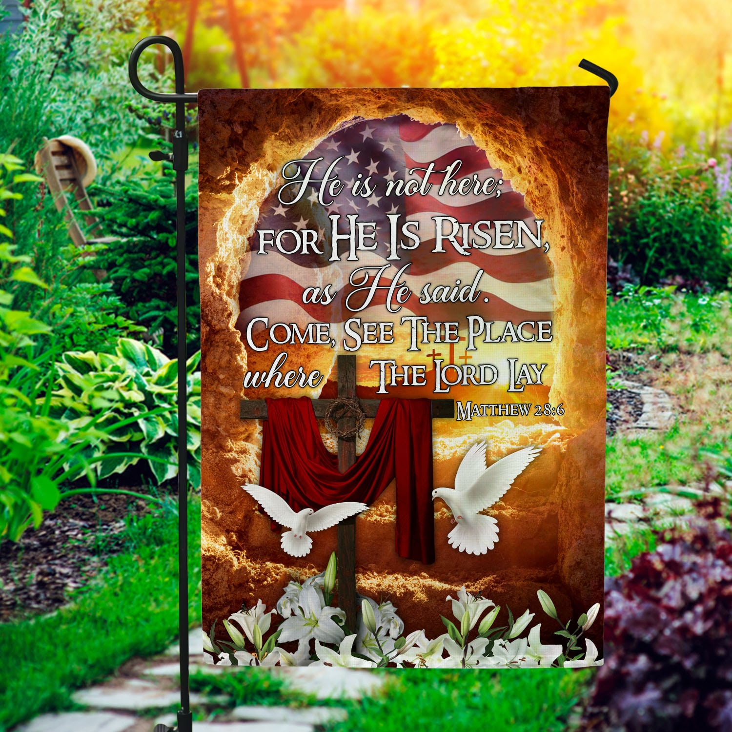 Gar 4VT. He Is Not Here Garden Flag Mockup 1