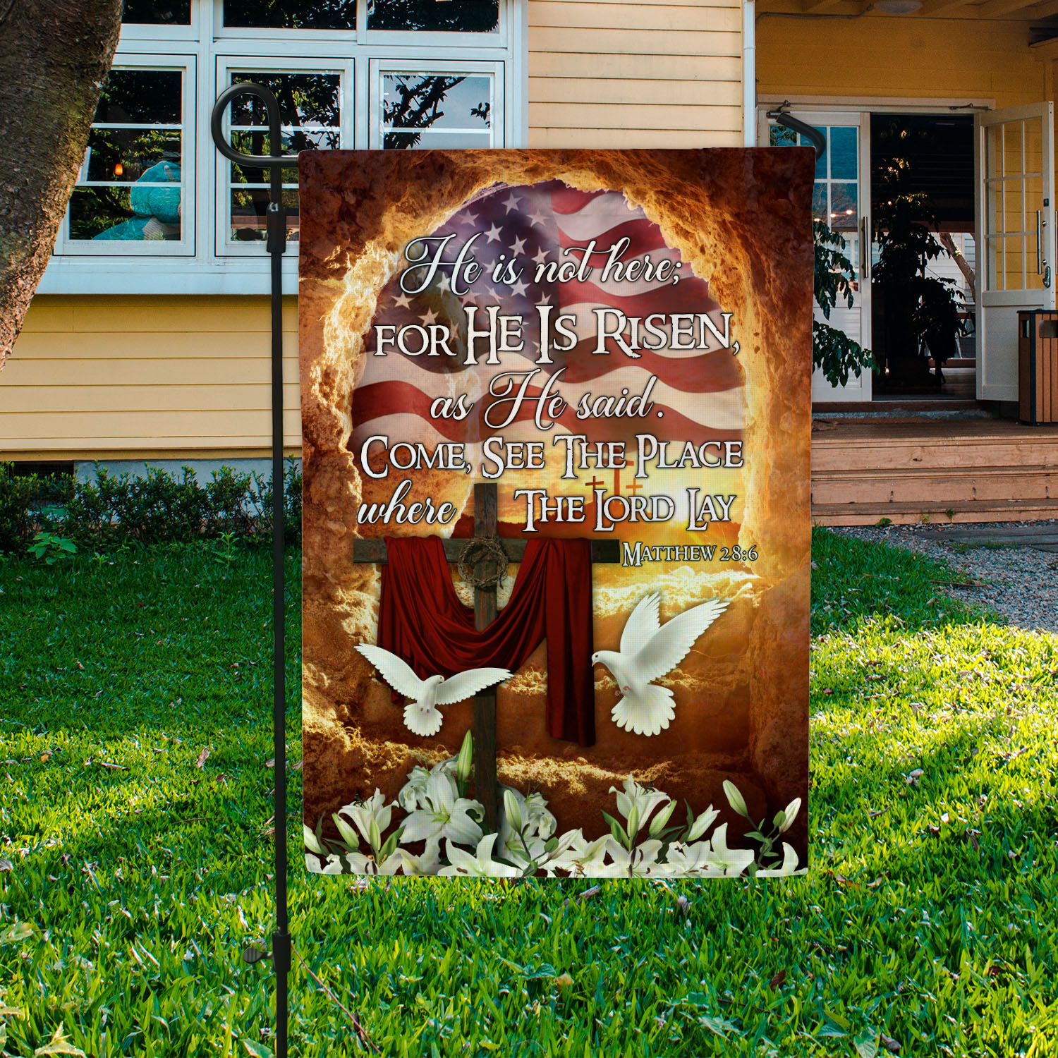 4VT. He Is Not Here Garden Flag Mockup 3