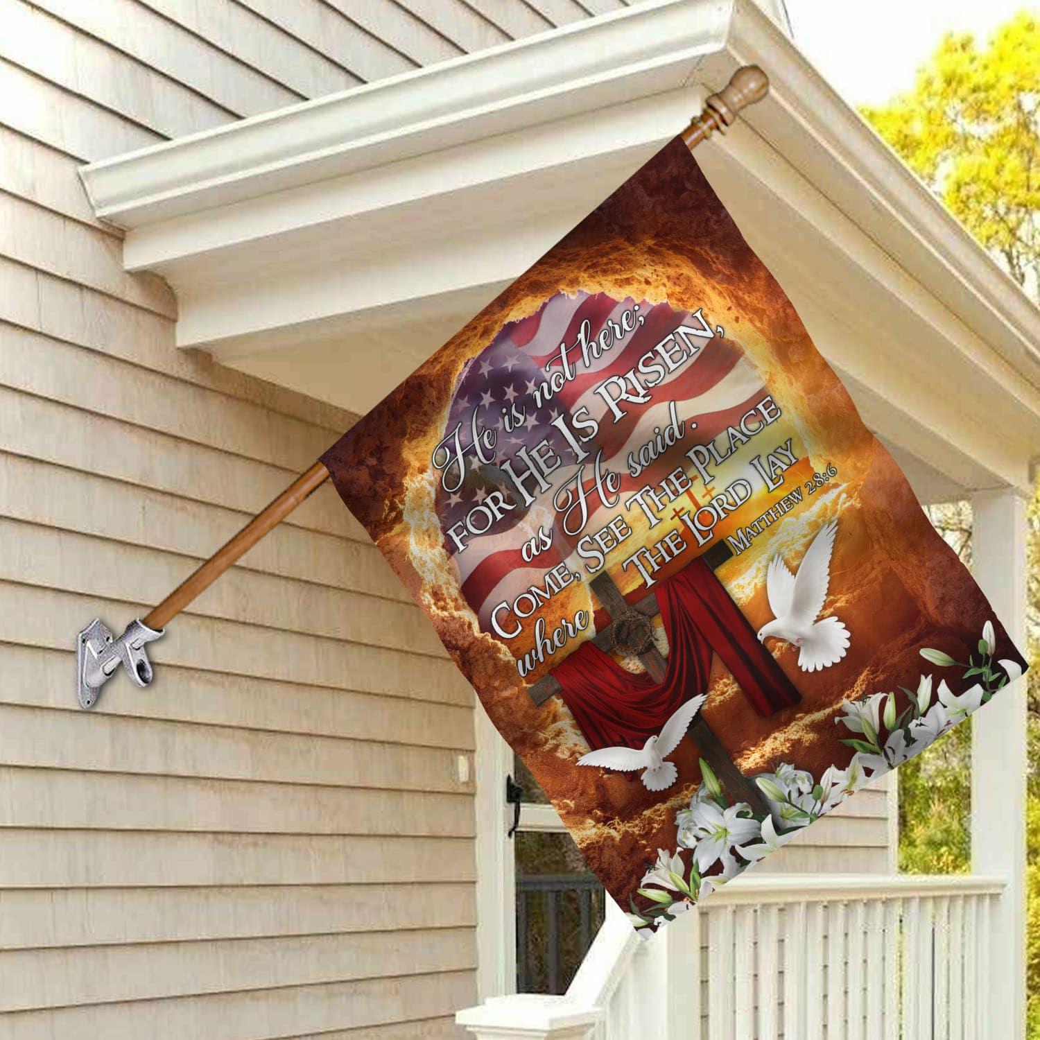 4VT. He Is Not Here House Flag Mockup 2