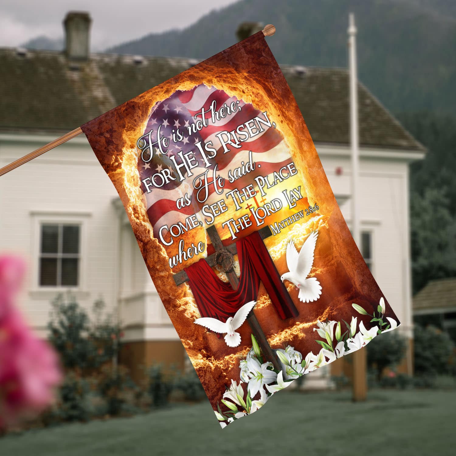 4VT. He Is Not Here House Flag Mockup 4