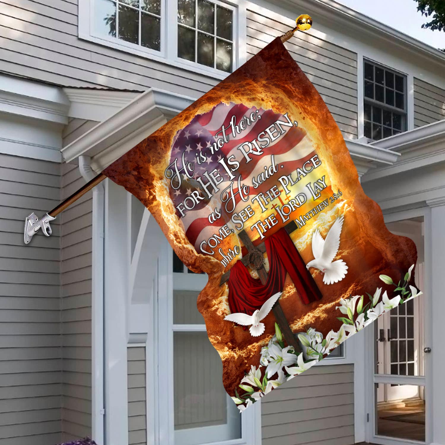 4VT. He Is Not Here House Flag Mockup 6