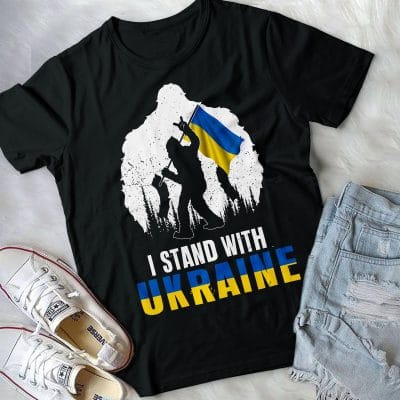 Alternative view of I Stand With Ukraine Bigfoot Holding Ukraine Flag T-Shirt