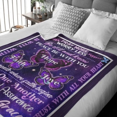 Alternative view of Pray More Worry Less Faith Hope Love Throw Blanket - Thoughtful Birthday Gifts | Christian Sherpa Fleece Blanket Gifts