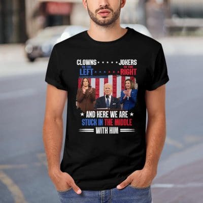Alternative view of Clowns To The Left Jokers To The Right And Here We Are Stuck In The Middle With Him Anti Biden Kamala Pelosi T-Shirt