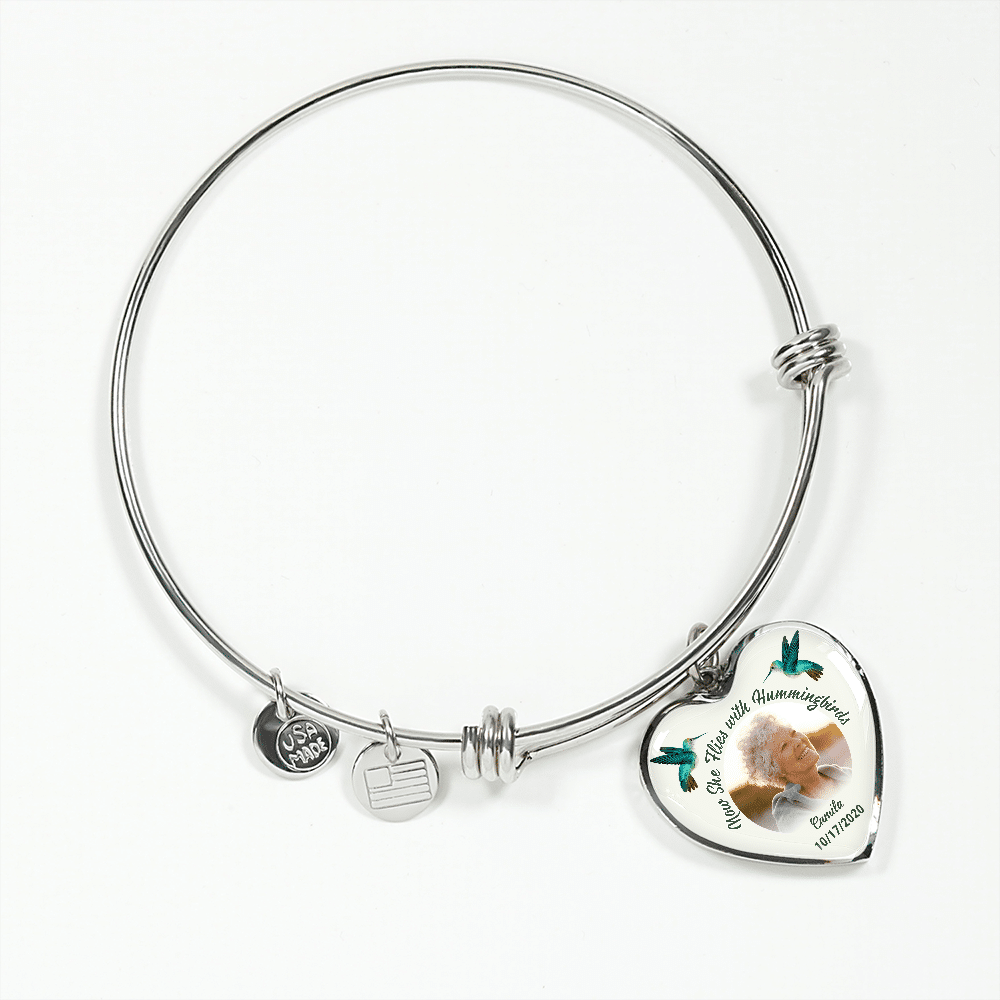 Custom Photo Now She Flies With Hummingbirds Memorial Heart Pendant Necklace - Bangle - Loving Memory Bangle