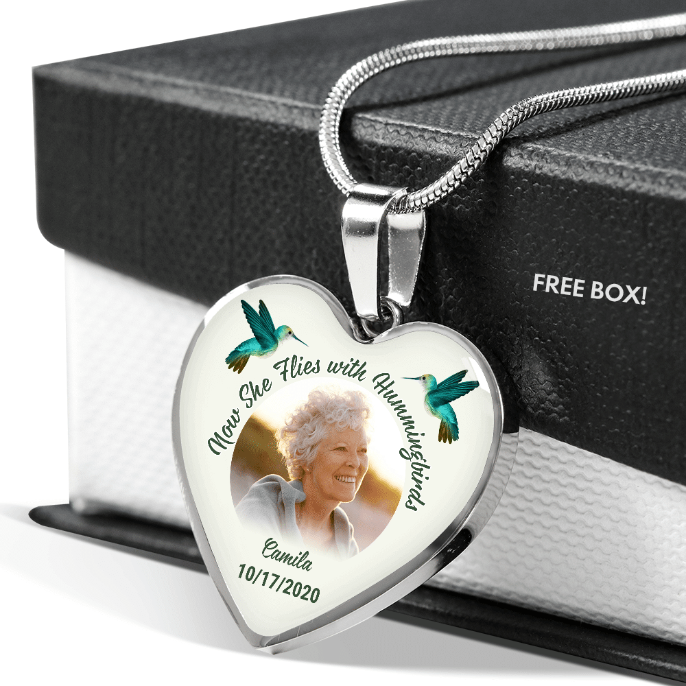 Custom Photo Now She Flies With Hummingbirds Memorial Heart Pendant Necklace - Bangle - Loving Memory Bangle