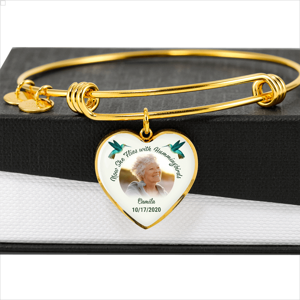 Custom Photo Now She Flies With Hummingbirds Memorial Heart Pendant Necklace - Bangle - Loving Memory Bangle