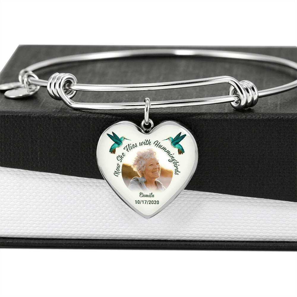 Custom Photo Now She Flies With Hummingbirds Memorial Heart Pendant Necklace - Bangle - Loving Memory Bangle