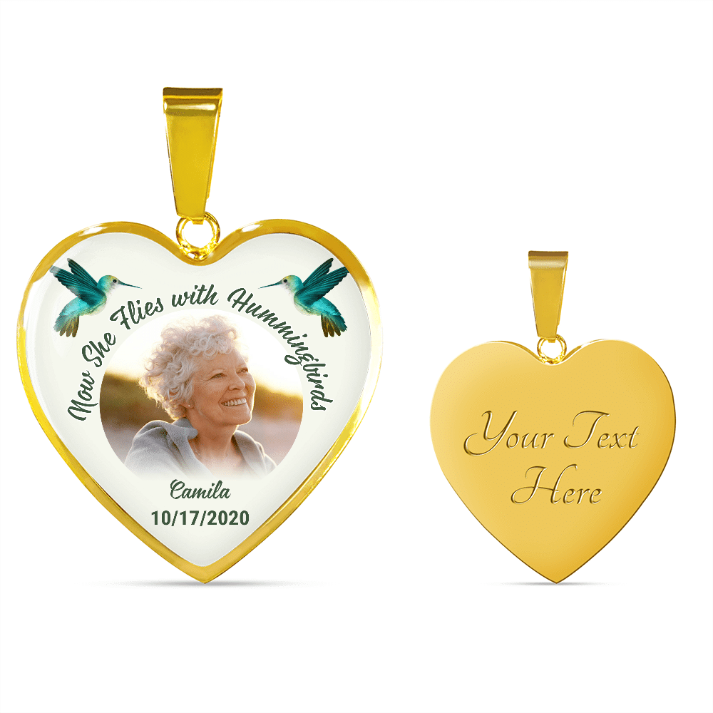 Custom Photo Now She Flies With Hummingbirds Memorial Heart Pendant Necklace - Bangle - Loving Memory Bangle