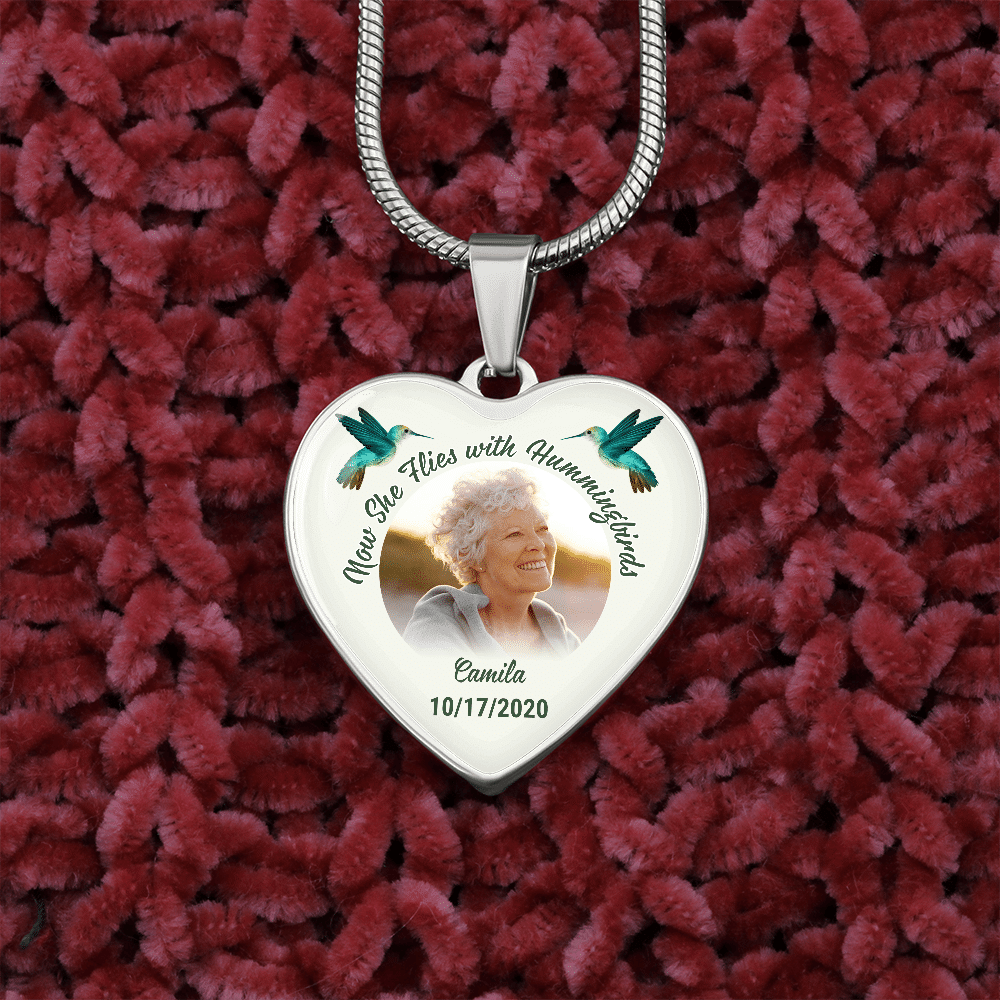 Custom Photo Now She Flies With Hummingbirds Memorial Heart Pendant Necklace - Bangle - Loving Memory Bangle