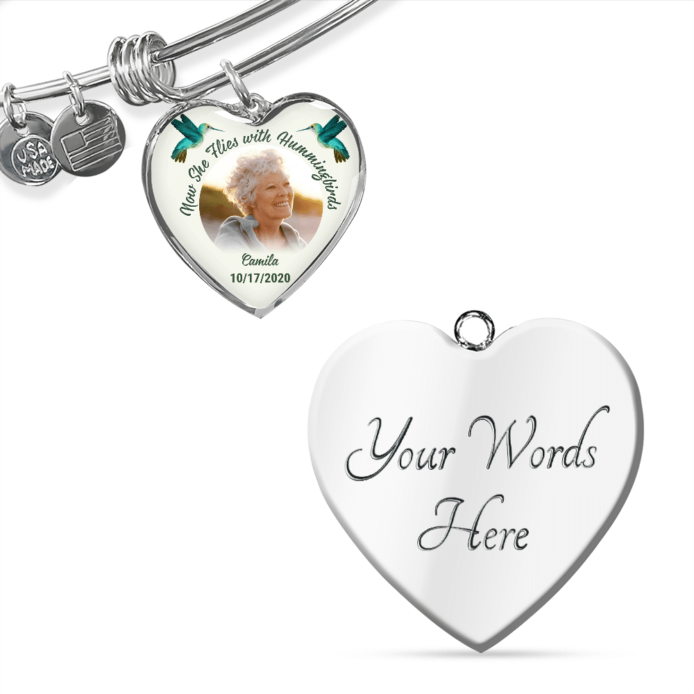 Custom Photo Now She Flies With Hummingbirds Memorial Heart Pendant Necklace - Bangle - Loving Memory Bangle