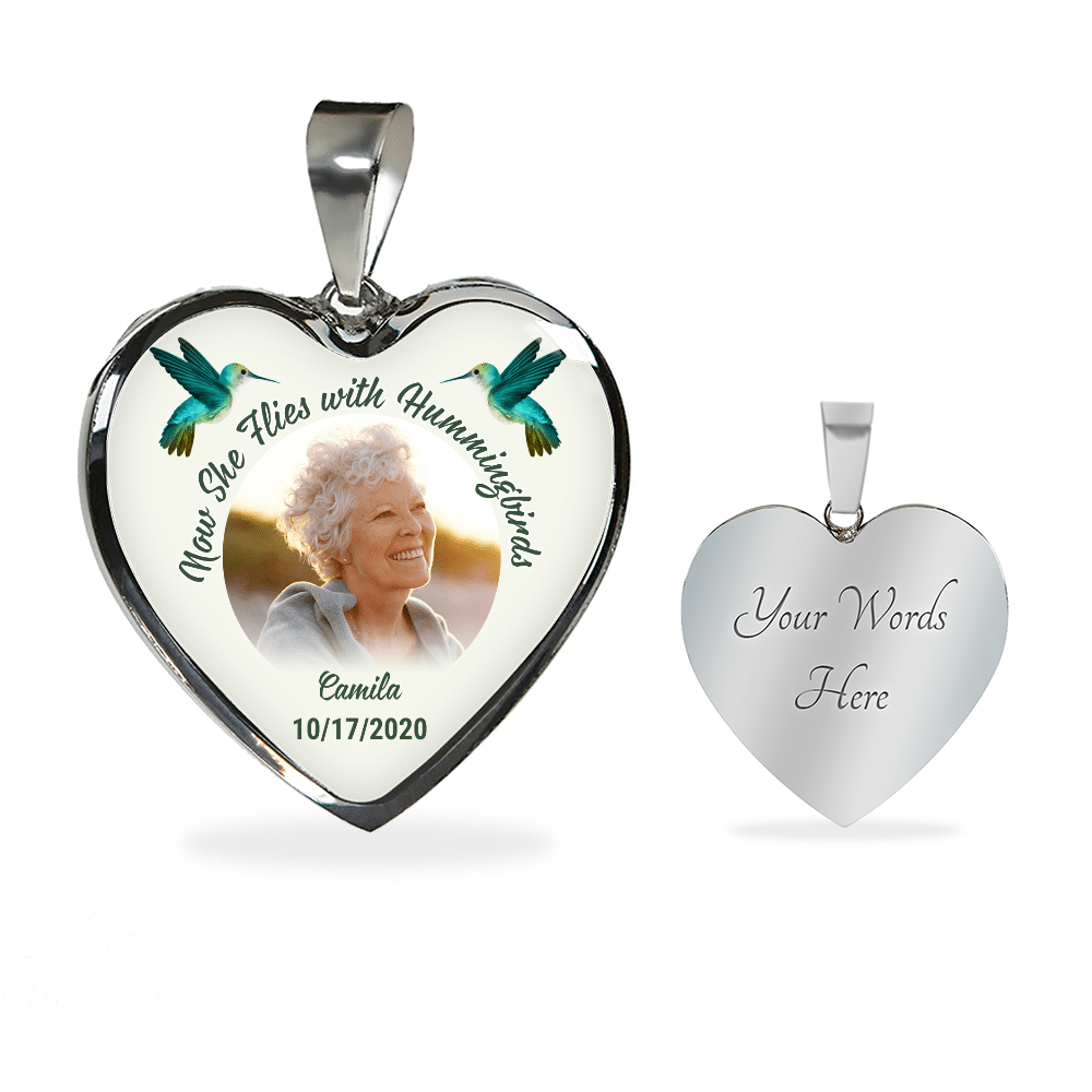 Custom Photo Now She Flies With Hummingbirds Memorial Heart Pendant Necklace - Bangle - Loving Memory Bangle