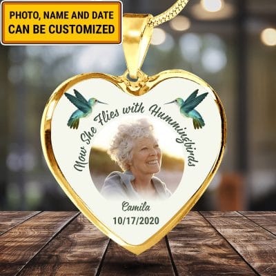 Alternative view of Custom Photo Now She Flies With Hummingbirds Memorial Heart Pendant Necklace - Bangle - Loving Memory Bangle