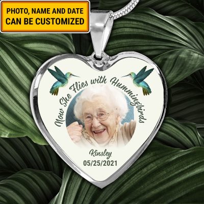 Custom Photo Now She Flies With Hummingbirds Memorial Heart Pendant Necklace - Bangle - Loving Memory Bangle