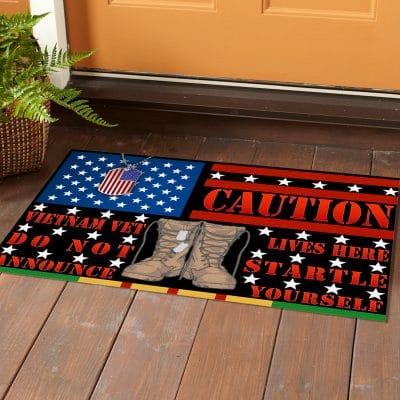 Alternative view of Caution Vietnam Vet Lives Here Do Not Startle Announce Yourself Entrance Indoor Outdoor Decorative Doormat  Floor Mat