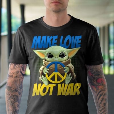 Alternative view of Make Love Not War Baby Yoda Hugging Peace Symbol T-Shirt - I Stand With Ukraine Shirt