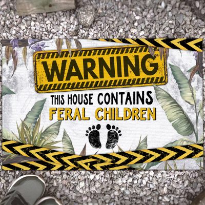 Warning This House Contains Feral Children Funny Entrance Indoor Outdoor Decorative Doormat
