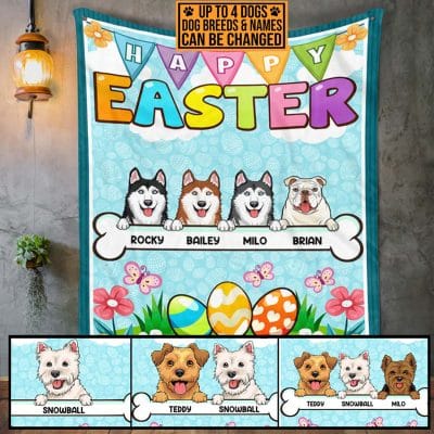 Personalized Dog Breeds Happy Easter Fleece Blanket - Sherpa Blanket - Dog Lover Easter Day Woven Blanket