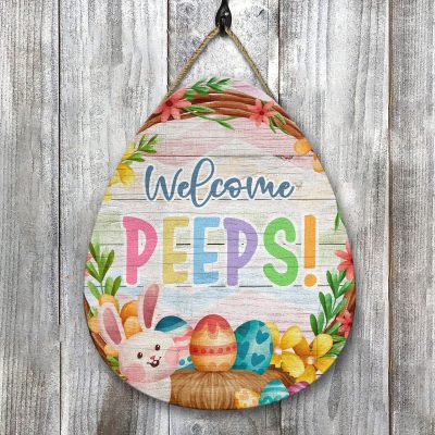 Alternative view of Welcome Peeps Easter Wooden Door Sign Hanger Bunny Hanging Door Decorations