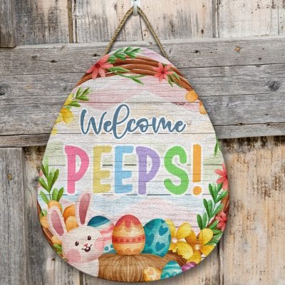 Welcome Peeps Easter Wooden Door Sign Hanger Bunny Hanging Door Decorations