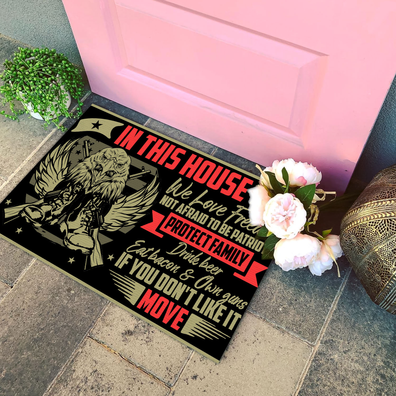 2VT. In This House We Love Freedom Doormat mockup 4