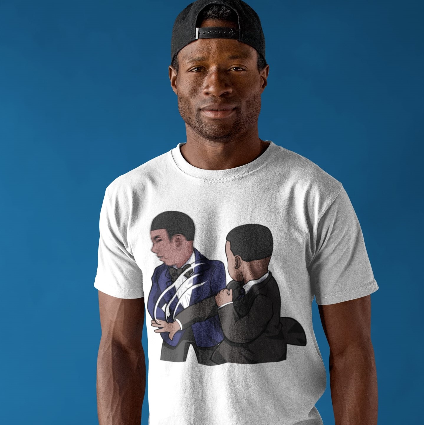 smiling-black-dude-wearing-a-round-neck-tee-template-against-a-blue-background-a17155