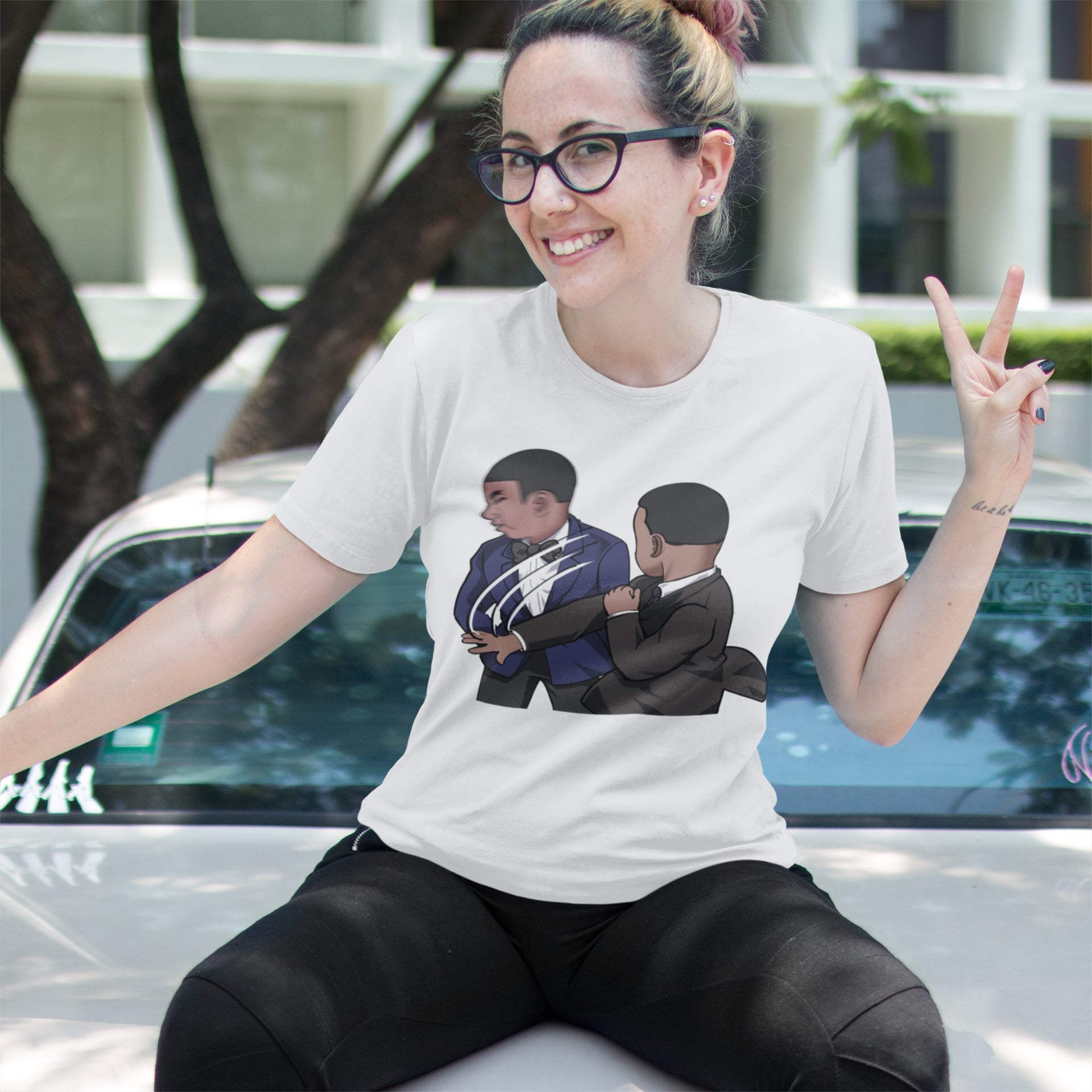 mockup-of-a-white-woman-wearing-a-t-shirt-mockup-while-on-top-of-a-car-a16224