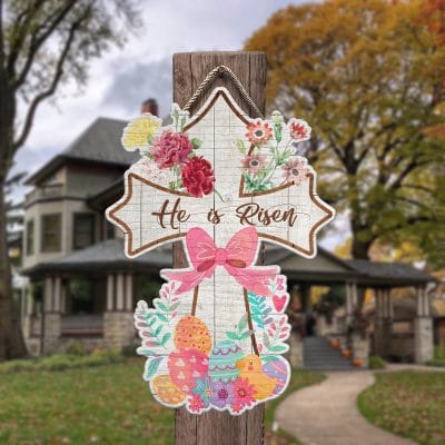 Alternative view of He Is Risen Easter Eggs Decorative Circle Wooden Door Sign - Christian Cross Front Porch Sign