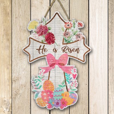 He Is Risen Easter Eggs Decorative Circle Wooden Door Sign - Christian Cross Front Porch Sign