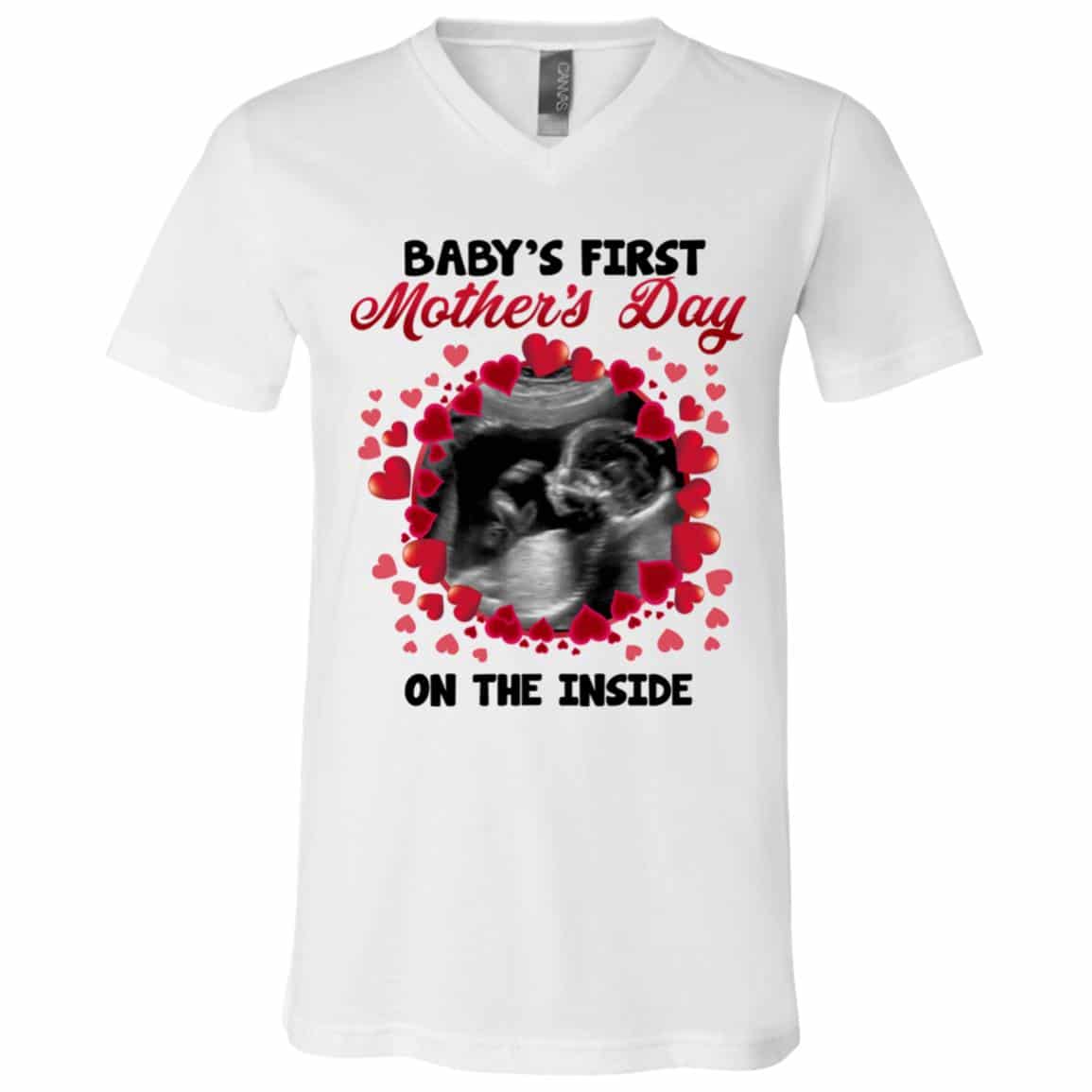 Personalized 6VT. Baby First Mother's Day Inside, White, V-Neck T-Shirt