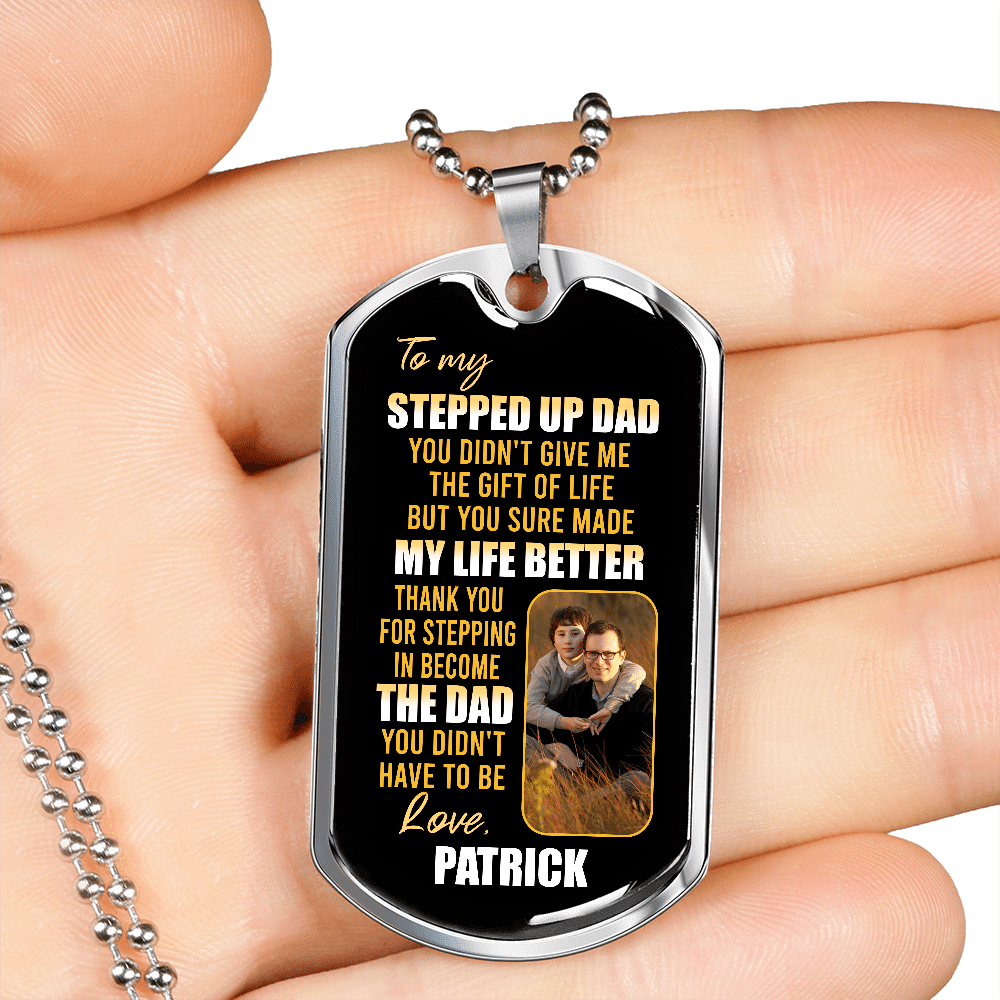Personalized Photo To My Stepped Up Dad Thank You For Stepping Dog Tag Pendant Necklace