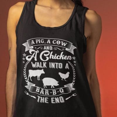 Alternative view of A Pig A Cow And A Chicken Walk Into A Bar-B-Q The End Funny Cotton Tank Top Tee - Ladies Racerback Tank