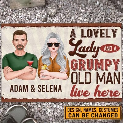 Personalized Old Couple A Lovely Lady And A Grumpy Old Man Live Here House Doormat - Outdoor Indoor Doormat