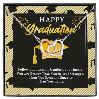Happy Graduation Follow Your Dreams And Unlock Your Future Interlocking Hearts Pendant Necklace