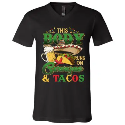 3Th. Body Runs On Cervezas and tacos 3, Black, V-Neck T-Shirt