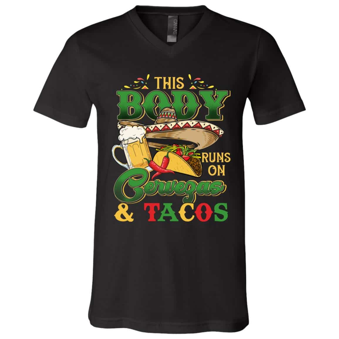 3Th. Body Runs On Cervezas and tacos 3, Black, V-Neck T-Shirt