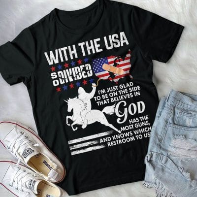 Alternative view of With The USA So Divided I'm Just Glad To Be On The Side That Believes In God Bigfoot American Flag T-Shirt
