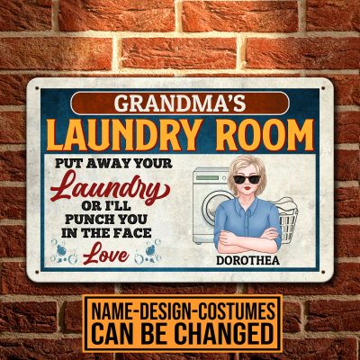 Alternative view of Personalized Family Laundry Room Put Away Your Laundry Or I'll Punch You In The Face Decorative Metal Sign