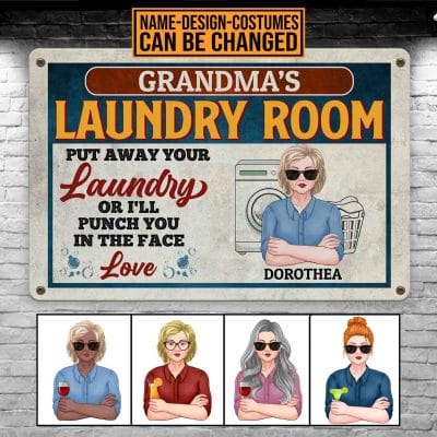 Personalized Family Laundry Room Put Away Your Laundry Or I'll Punch You In The Face Decorative Metal Sign