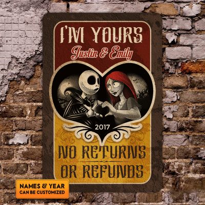 Alternative view of Personalized I'm Yours No Returns or Refund Jack and Sally Nightmare Metal Sign Wall Art Decor  - Customized Couple Nightmare Sign