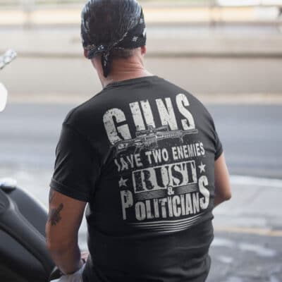 Alternative view of Guns Have Two Enemies Rust And Politicians Print On Back T-Shirt Only - Pro Gun Plain Front Shirt