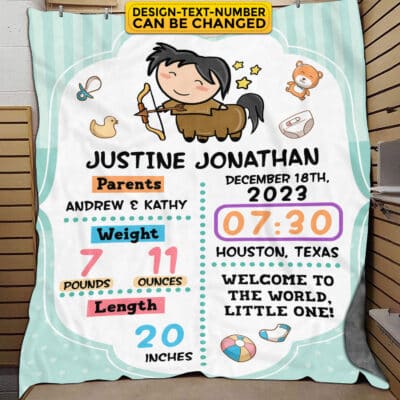 Personalized Birth Zodiac Blanket for Baby Boys and Girls - Customized Baby Blanket Name, Birth Date, Weight, Length