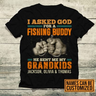 Personalized I Asked God For A Fishing Buddy He Sent Me My Grandkids Vintage T-Shirt - Custom Grandpa Fishing Gifts