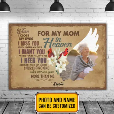 Personalized Photo Memorial Gifts For My Mom in Heaven I Miss You Gallery Wrapped Canvas Print - Home Decor Wall Art - Poster