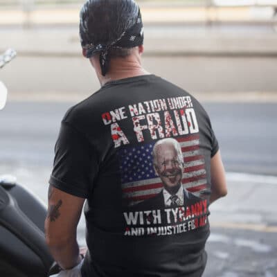 Alternative view of One Nation Under A Fraud With Tyranny And Injustice For All Funny Biden Clown Print On Back T-Shirt