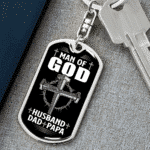 Men Cross Man of God Husband Dad Papa Christian Dog Tag Keychain - Fathers Day Gift