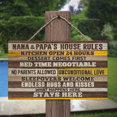 Alternative view of Nana And Papa's House Rules Kitchen Open 24 Hours Dessert Comes First Rectangle Wooden Door Sign - Front Porch Sign