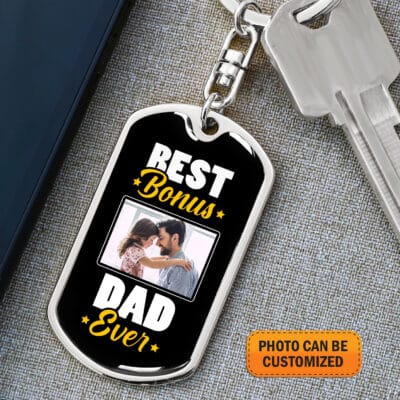 Personalized Photo Best Bonus Dad Ever Keychain - Best Dad Birthday Gifts from Daughter Son - Fathers Day Gift for Dad