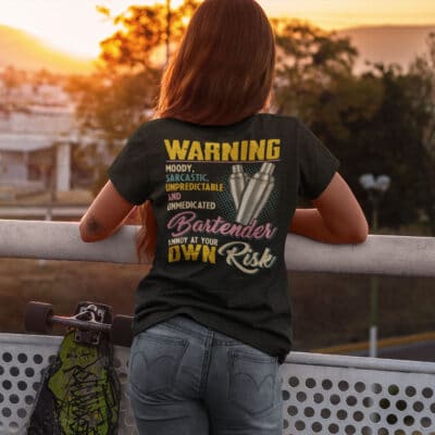 Alternative view of Warning Moody Sarcastic Unpredictable Bartender Annoy At Your Own Risk Funny Bartender Print On Back T-Shirt - V-Neck