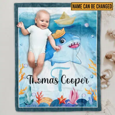 Personalized Shark Baby Soft Blankets - Baby Blanket for Girls Boys with Name - Custom Gift for Baby - Fleece Baby Blanket